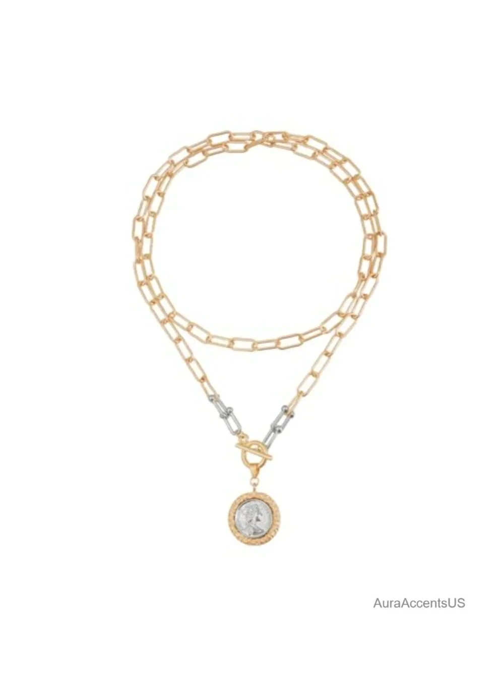 Chunky Gold Coin Necklace Women 14K Plated Reversible Toggle Link Chain